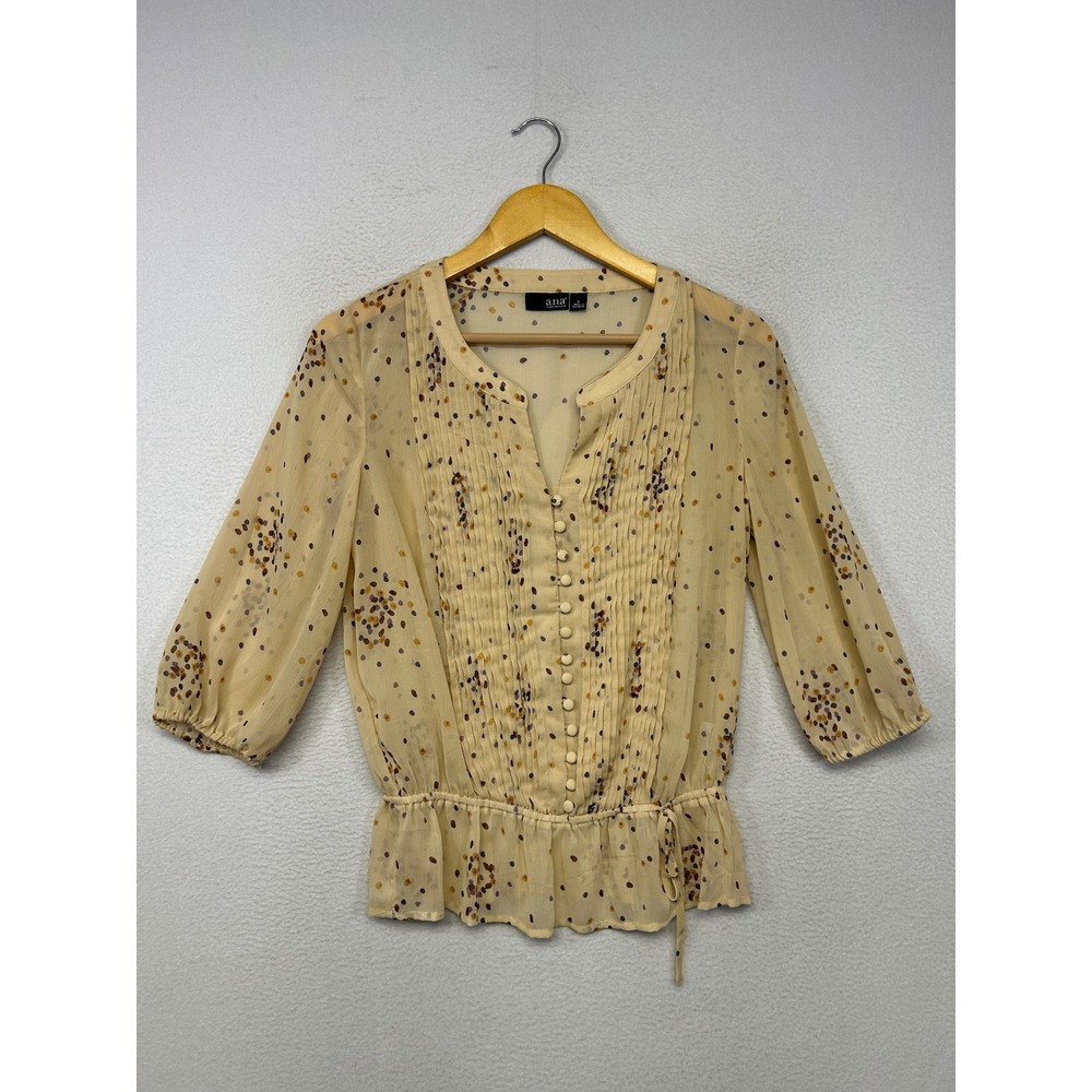 Boho Cottagecore a.n.a Women Small Beige Polka Dot Pintuck Peplum Blouse Office